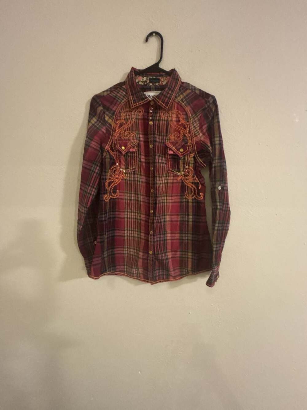 Roar Plaid Western Shirt Embellished Rhinestone Red